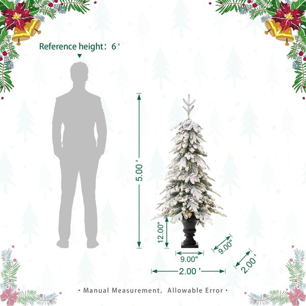 5FT Pre-Lit Flocked Fir Artificial Christmas Porch Tree with 150 Warm White Lights