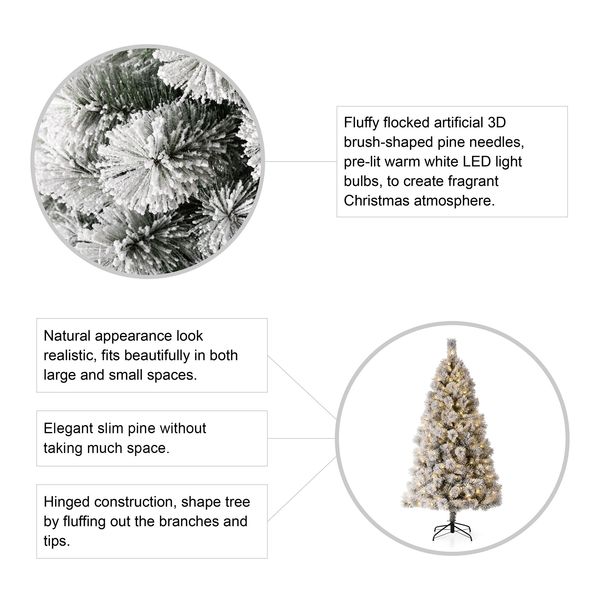 6ft Pre-Lit Flocked Slim Pine Artificial Christmas Tree with 300 Warm White Lights