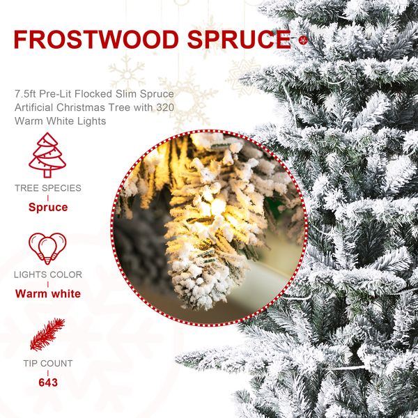 7.5ft Pre-Lit Flocked Spruce Artificial Christmas Tree with 320 Warm White Lights, 3 Modes