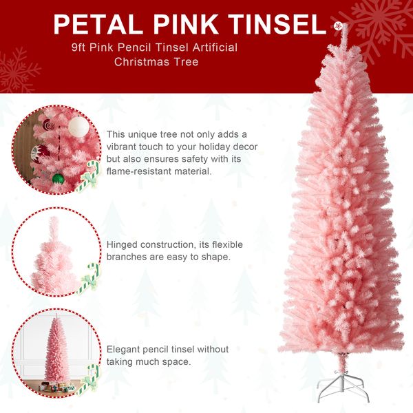 9ft Pencil Tinsel Artificial Christmas Tree with Metal Foldable Stand