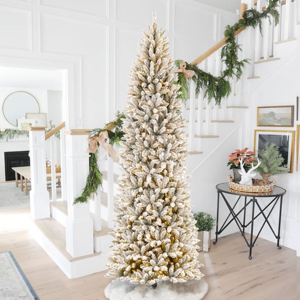 9ft Pre-Lit Flocked Pencil Fir Artificial Christmas Tree with 600 Warm White Lights