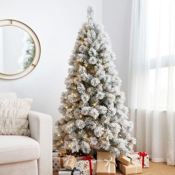 6ft Pre-Lit Flocked Slim Pine Artificial Christmas Tree with 300 Warm White Lights