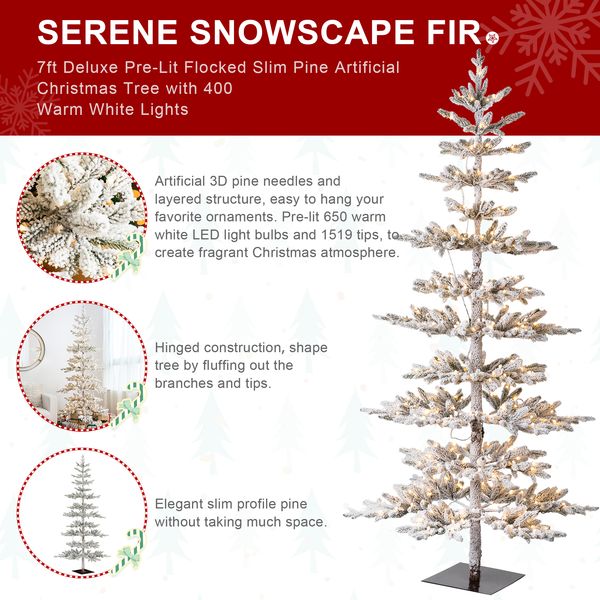 7ft Deluxe Pre-Lit Flocked Slim Fir Artificial Christmas Tree with 400 Warm White Lights