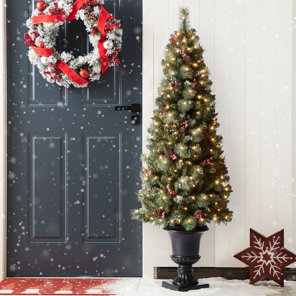 6ft Pre-Lit Frosted Pine Cones and Red Berries Christmas Porch Tree with 200 LEDs