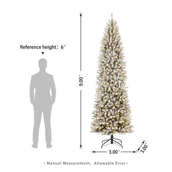 9ft Pre-Lit Flocked Pencil Fir Artificial Christmas Tree with 600 Warm White Lights