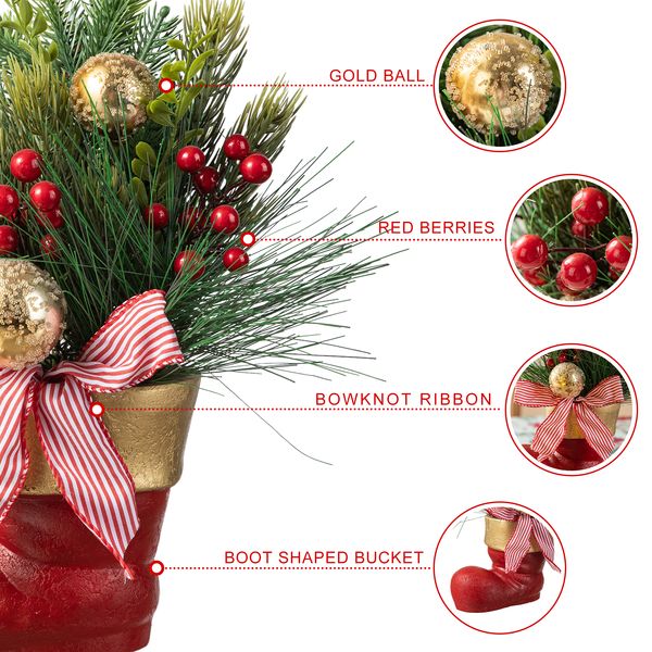 Small Christmas Table Tree Centerpieces Decoration, Artificial Mini Christmas Tree in Red Boot