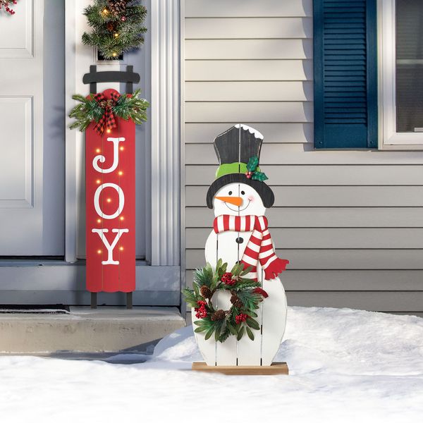 36"H Christmas Wooden/Metal Snowman Porch Decor with Floral Wreath