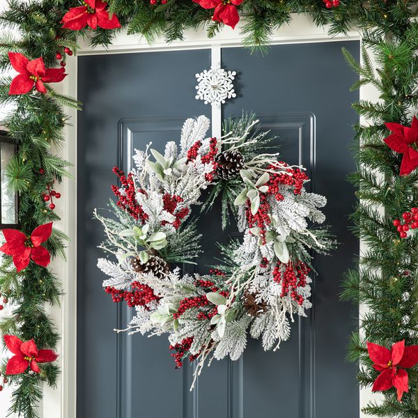 24" Artificial Christmas Wreath for Front Door Decor, Outdoor Wreath Holiday Accent Dec