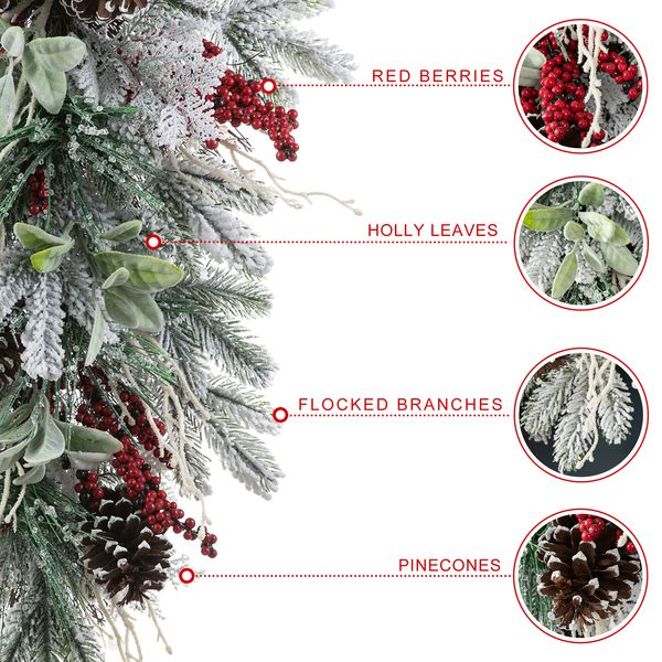 28 inch Christmas Teardrop Decoration Floral Swag, Flocked Pinecone & Berry Christmas Swag Wreath fo