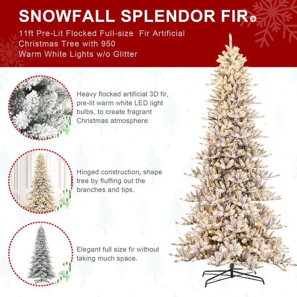 11ft Pre-Lit Flocked Fir Artificial Christmas Tree with 950 Warm White Lights w/o Glitter