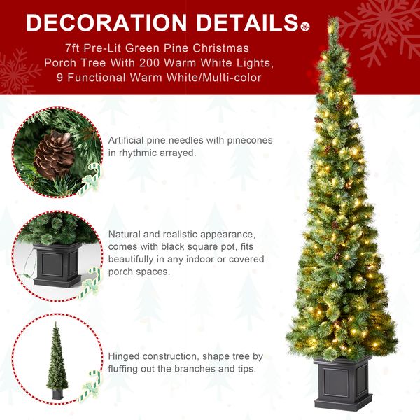 7ft Pre-Lit Pine Remote Christmas Porch Tree With 200 LEDs, 9 Modes