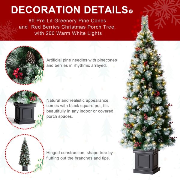 6ft Pre-Lit Greenery Pine Cones and Red Berries Christmas Porch Tree with 200 LEDs