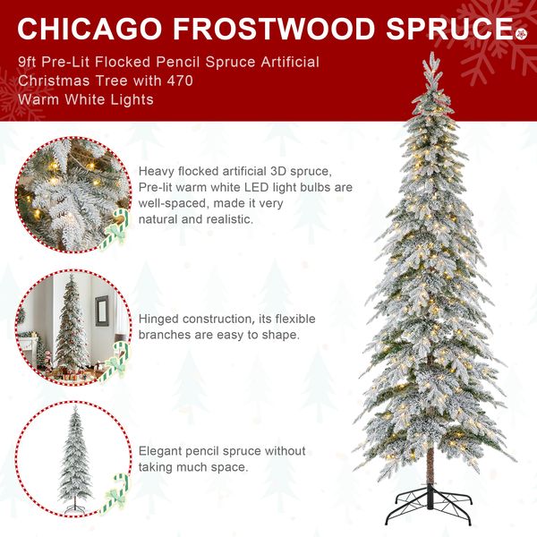 9ft Pre-Lit Flocked Pencil Spruce Artificial Christmas Tree with 470 Warm White Lights