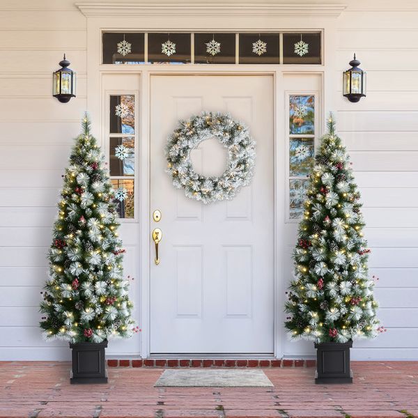 6ft Pre-Lit Greenery Pine Cones and Red Berries Christmas Porch Tree with 200 LEDs