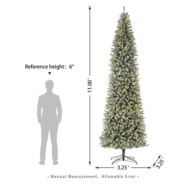 11ft Pre-Lit Flocked Pencil Fir Artificial Christmas Tree with 950 Warm White Lights