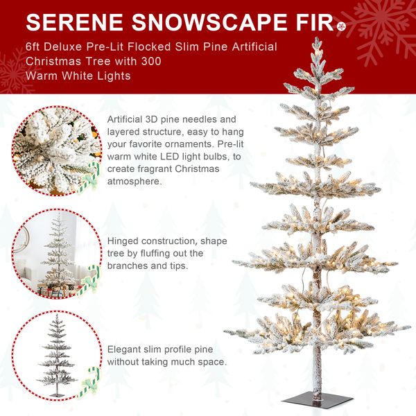 6ft Deluxe Pre-Lit Flocked Slim Fir Artificial Christmas Tree with 300 Warm White Lights