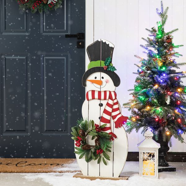 36"H Christmas Wooden/Metal Snowman Porch Decor with Floral Wreath