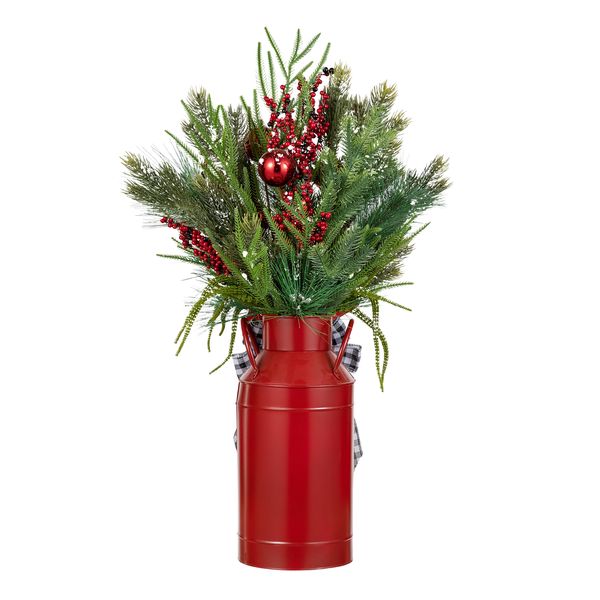 35'' Christmas Floral Potted Porch Tree, Artificial Christmas Tree with Red Vase & Checkered Ribbon,