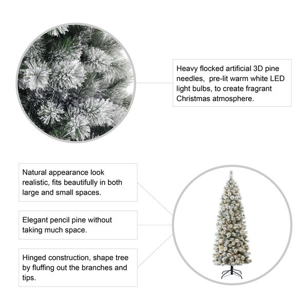 7.5ft Pre-Lit Flocked Pencil Pine Artificial Christmas Tree with 350 Warm White Lights