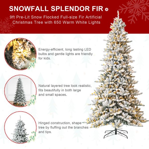 9ft Pre-Lit Snow Flocked Fir Artificial Christmas Tree with 650 Warm White Lights