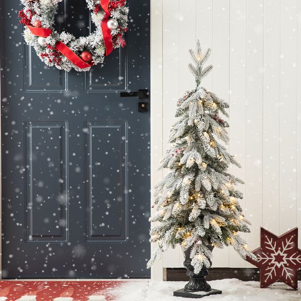 4FT Pre-Lit Flocked Fir Artificial Christmas Porch Tree with 100 Warm White Lights