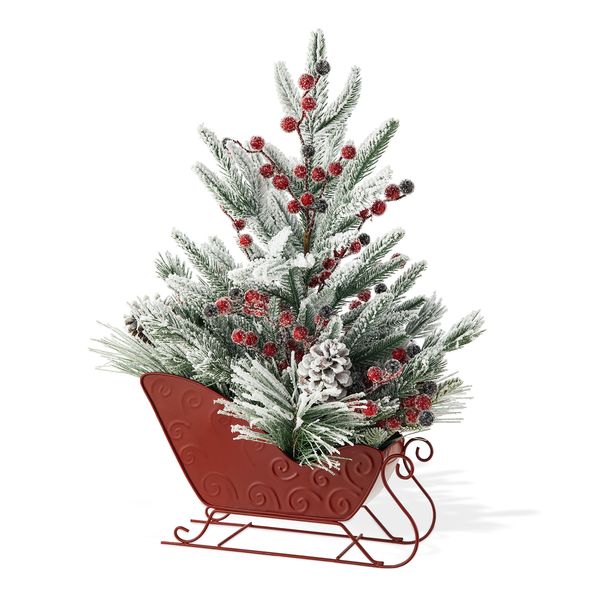 21" H Small Sleigh Christmas Tree Tabletop Decorations with Berry Pinecone