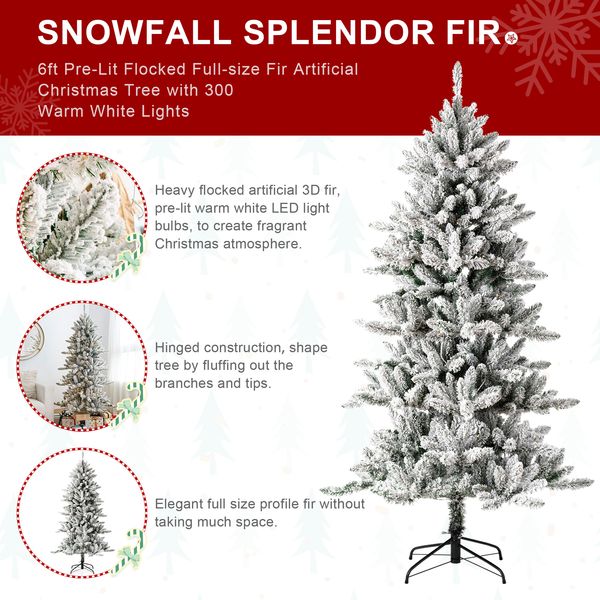 6ft Pre-Lit Flocked Fir Artificial Christmas Tree with 300 Warm White Lights