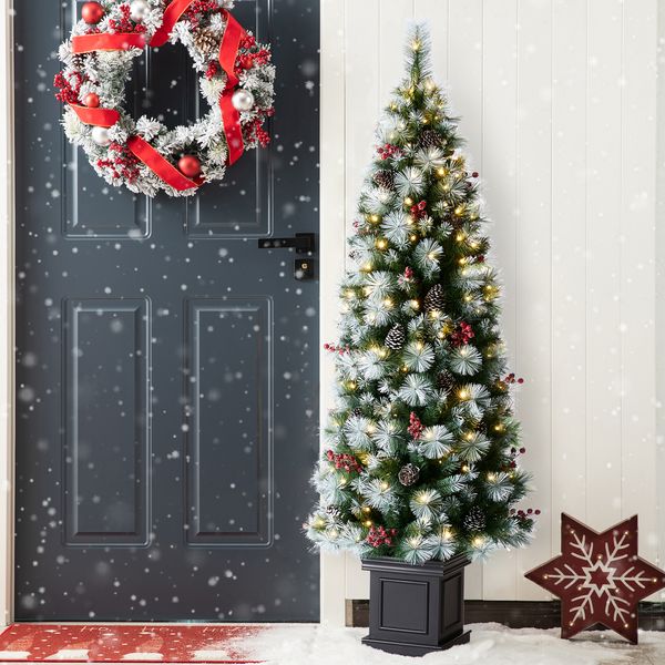 6ft Pre-Lit Greenery Pine Cones and Red Berries Christmas Porch Tree with 200 LEDs