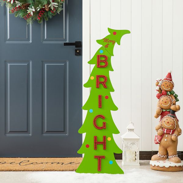 42"H Christmas Rustic Wooden Merry & Bright Bent Tree Vertical Porch Sign