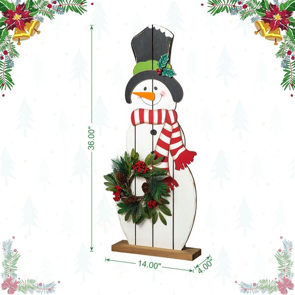 36"H Christmas Wooden/Metal Snowman Porch Decor with Floral Wreath