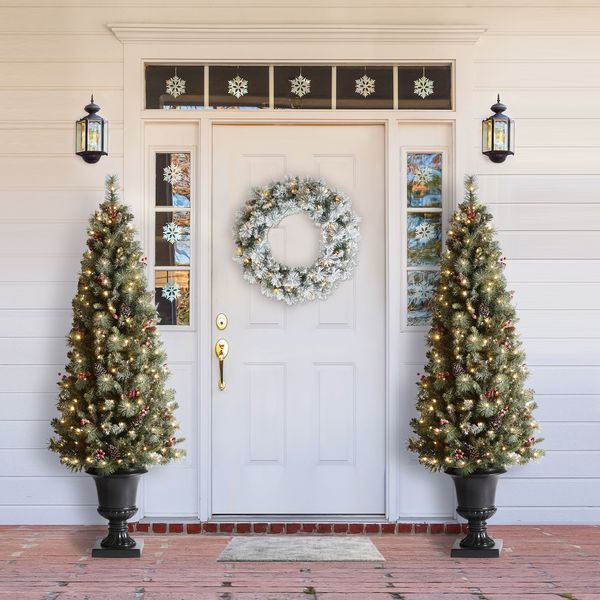 6ft Pre-Lit Frosted Pine Cones and Red Berries Christmas Porch Tree with 200 LEDs