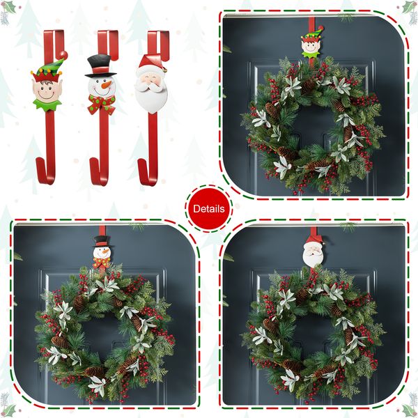 3 Pcs Xmas Wreath Hangers for Front Door, Over The Door Metal Wreath Hanger Hooks with San