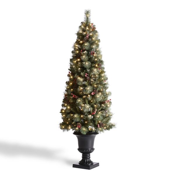 6ft Pre-Lit Frosted Pine Cones and Red Berries Christmas Porch Tree with 200 LEDs