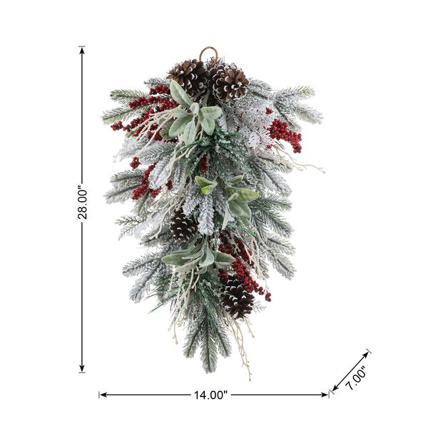 28 inch Christmas Teardrop Decoration Floral Swag, Flocked Pinecone & Berry Christmas Swag Wreath fo