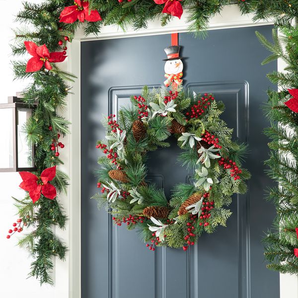 24" Christmas Wreath - Glitzhome Artificial Winter Christmas  Wreath, Front Door Christmas Wreath fo