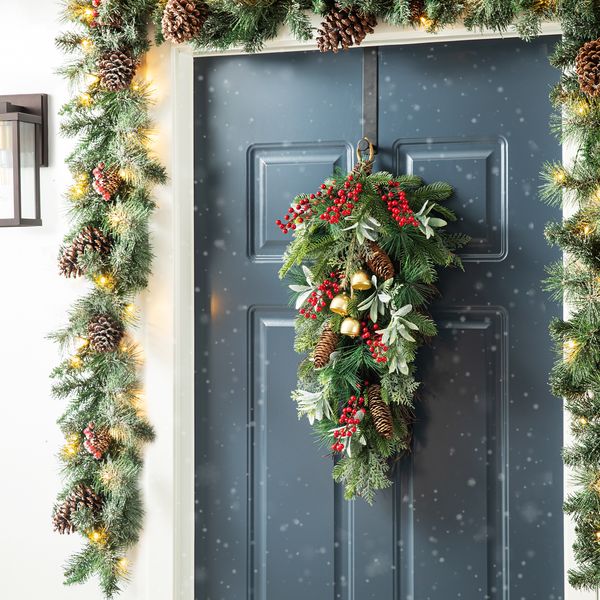 26''L Christmas Teardrop Floral Swag Wreaths, Hanging Winter Door Swags, Artificial Galand Swags