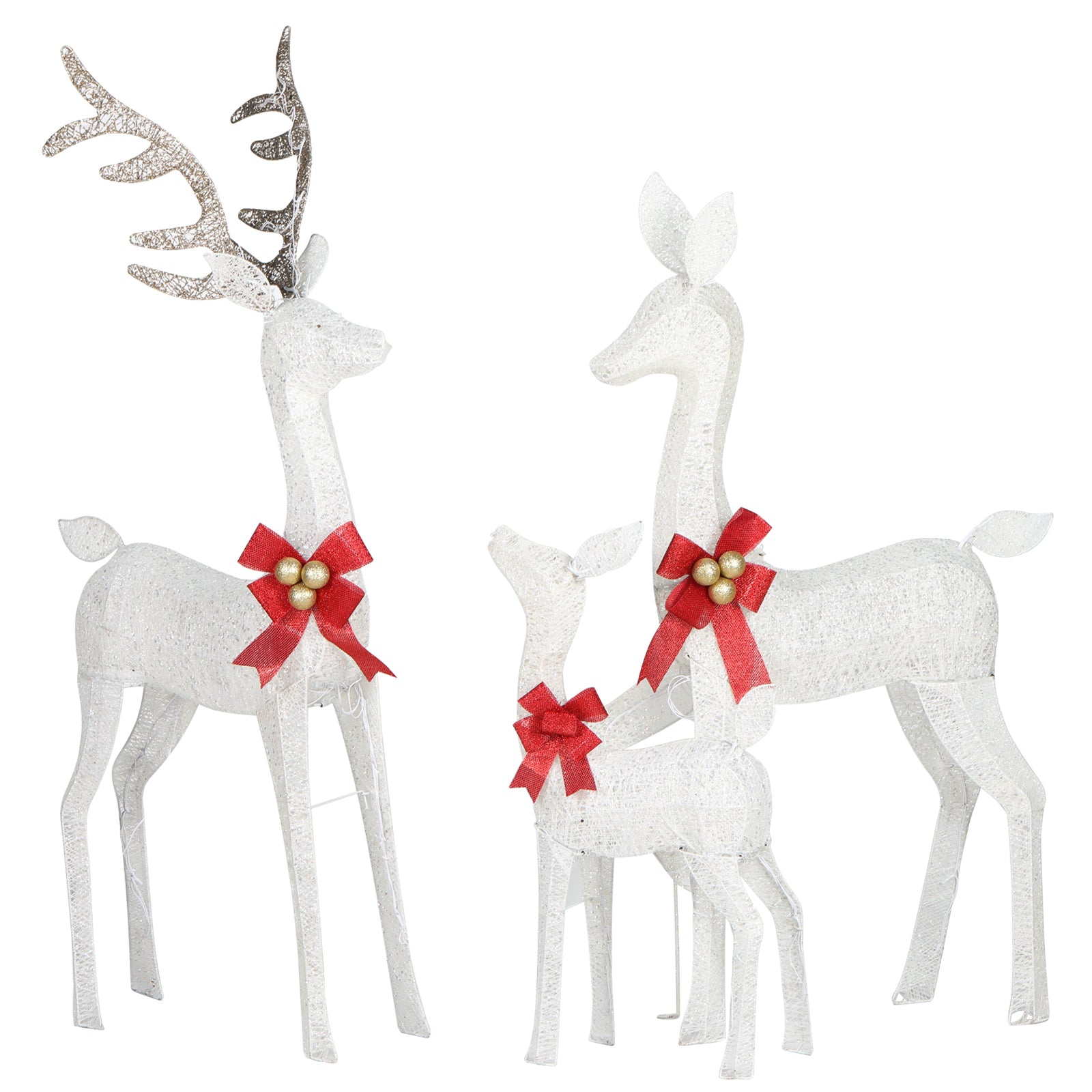 3 Piece Large Lighted Christmas Deer Family Set with Bows  Warm White Deer 210 LED Lights