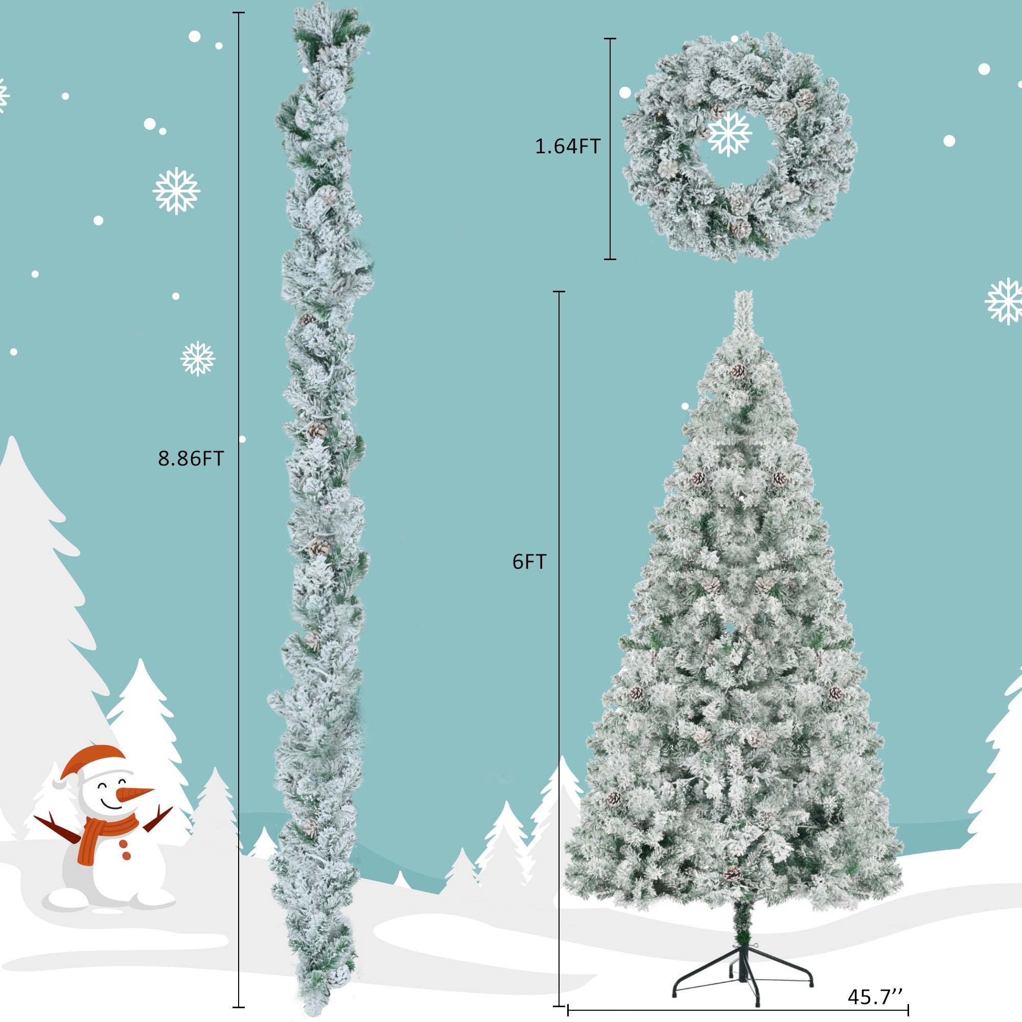 6FT Snow Flocked Christmas Tree, Pre-Lit Set with Tree & Garland & Wreath, Artificial Hinged Xmas Tree with Colorful LED Lights