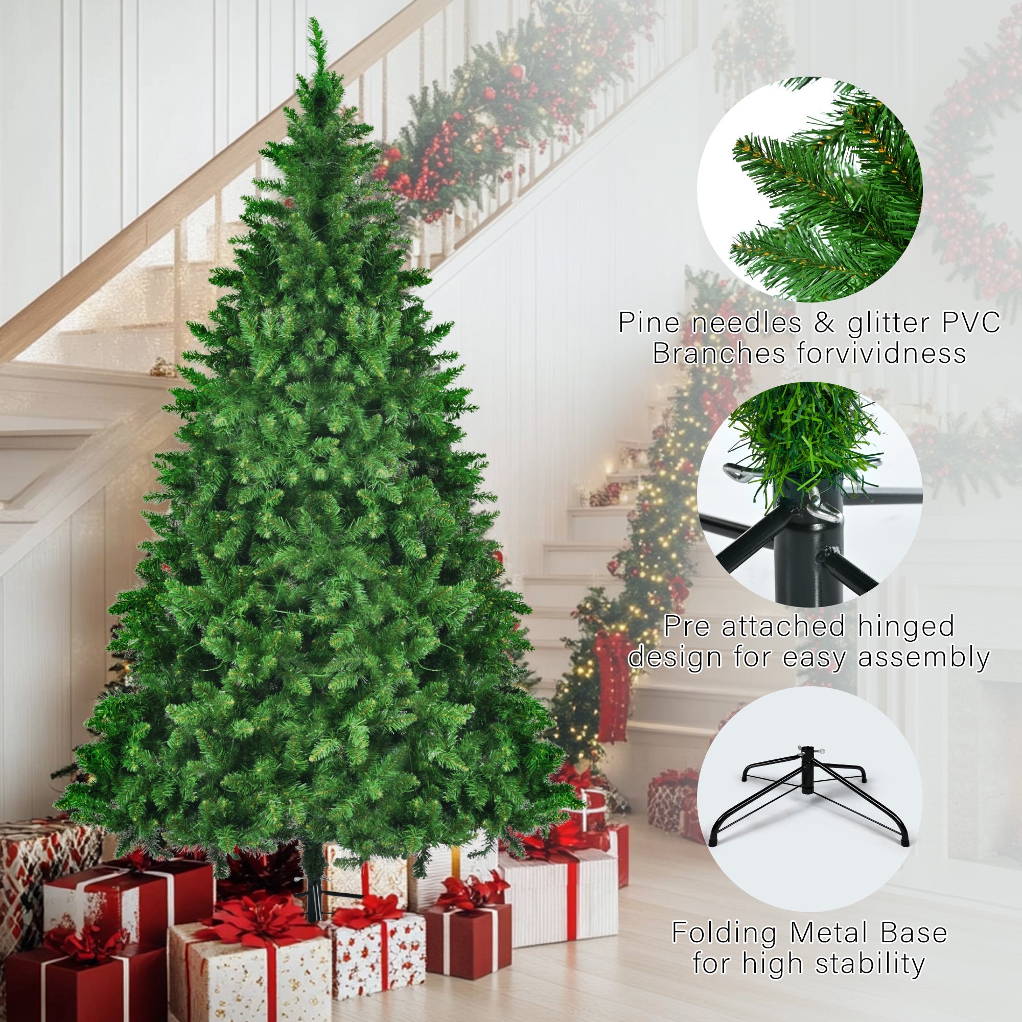 8FT, 6FT, 4FT Pre-Lit Green Pine Artificial Christmas Tree, Set of 3 Hinged Xmas Trees with 820 Warm-Yellow LED Lights