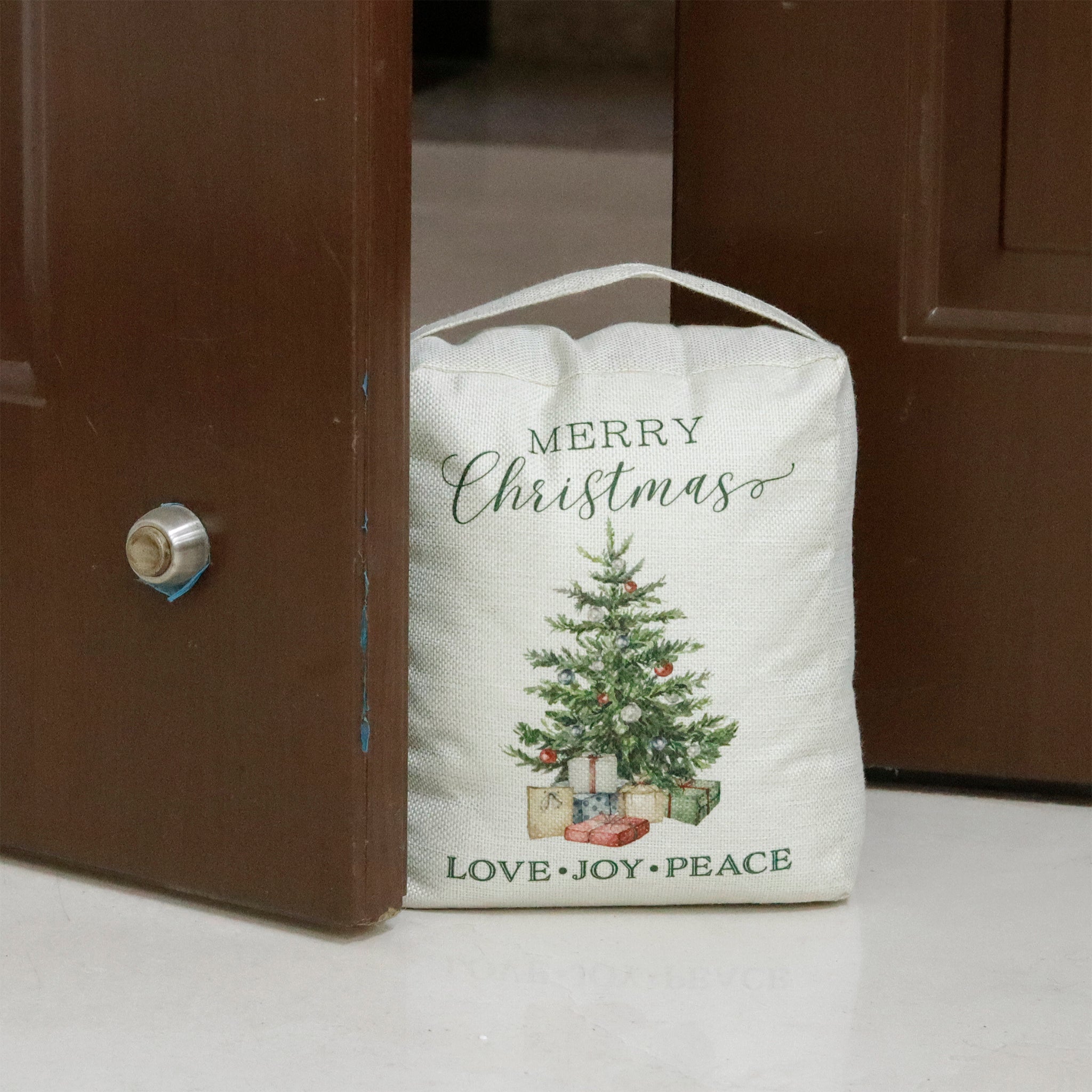 Merry Christmas Tree Print Love Joy Peace Fabric Door Stop