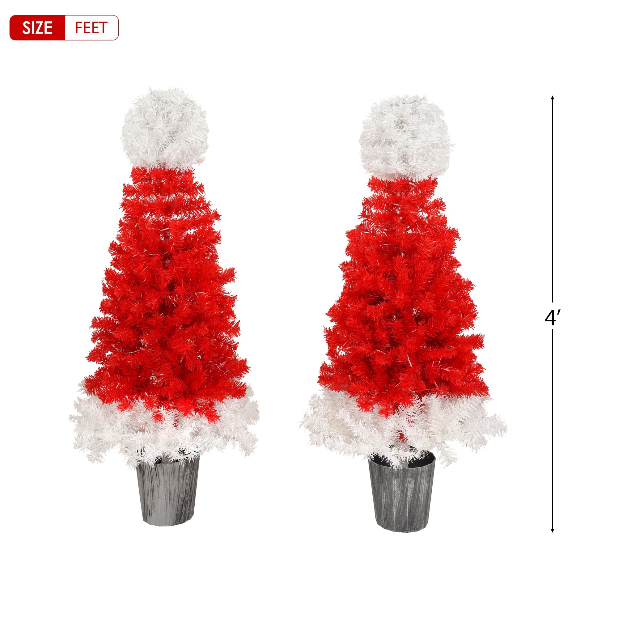 Lighted  Santa Hat Style Christmas Tree Set of 2, 4ft Artificial Tree with Warm White Lights