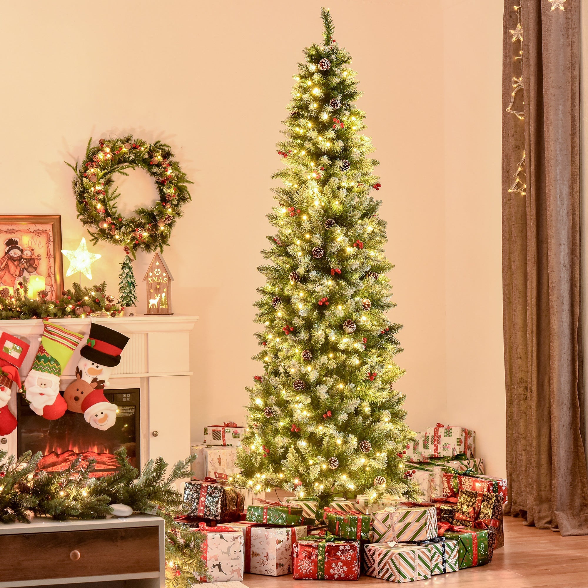 7.5ft Pre-Lit Snow-Dipped  Christmas Tree, Pine Cones, Red Berries