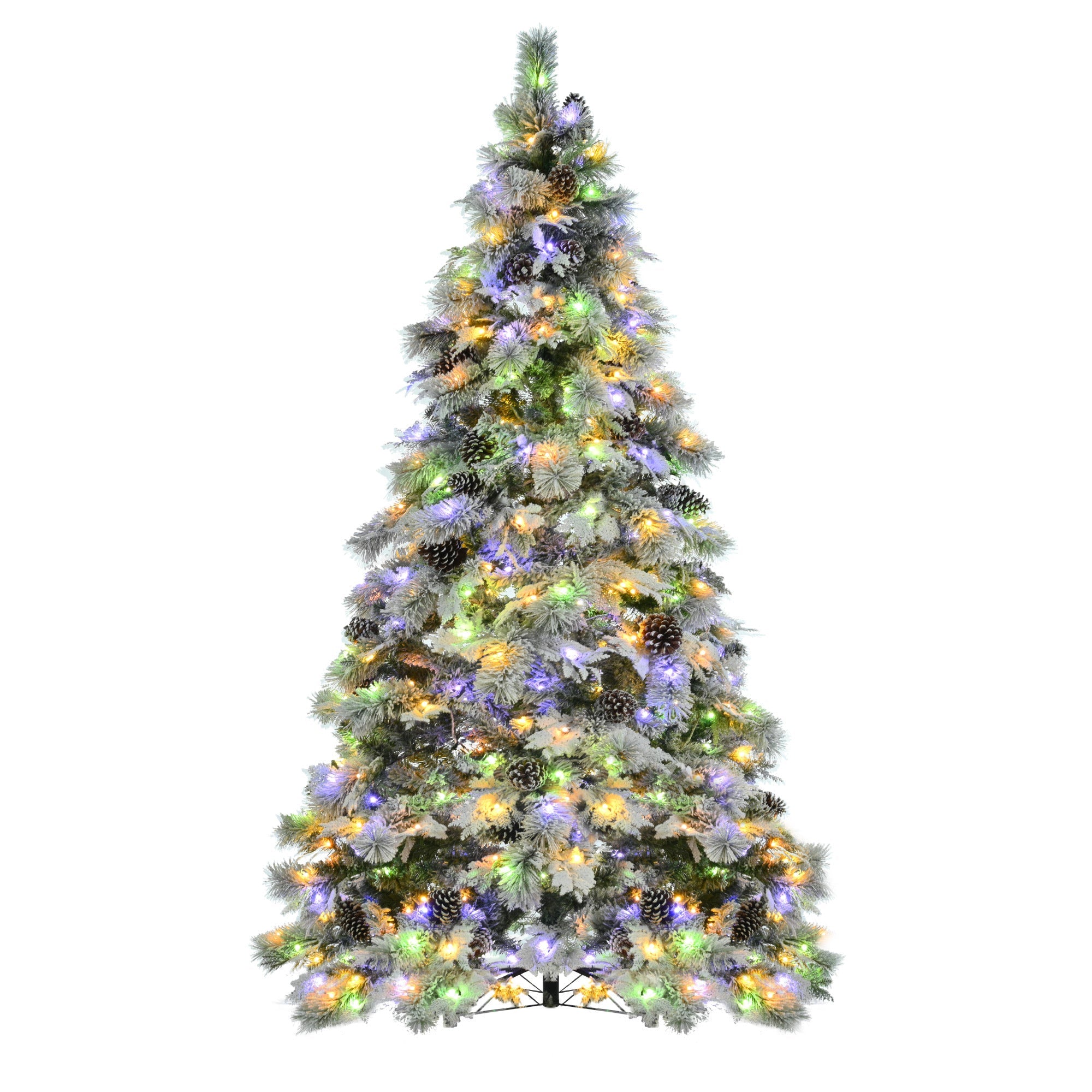 7.5FT Pre-Lit Spruce Snow Flocked Christmas Tree with Pine Cones-Multi-Color LED Lights, 11 Flashing Modes,