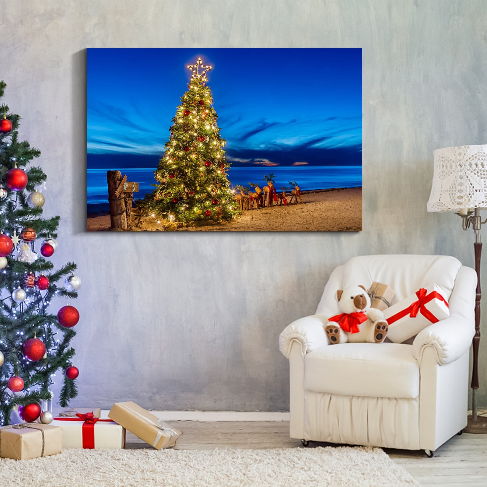 Framed Canvas Wall Art Decor , Christmas Tree on Seaside