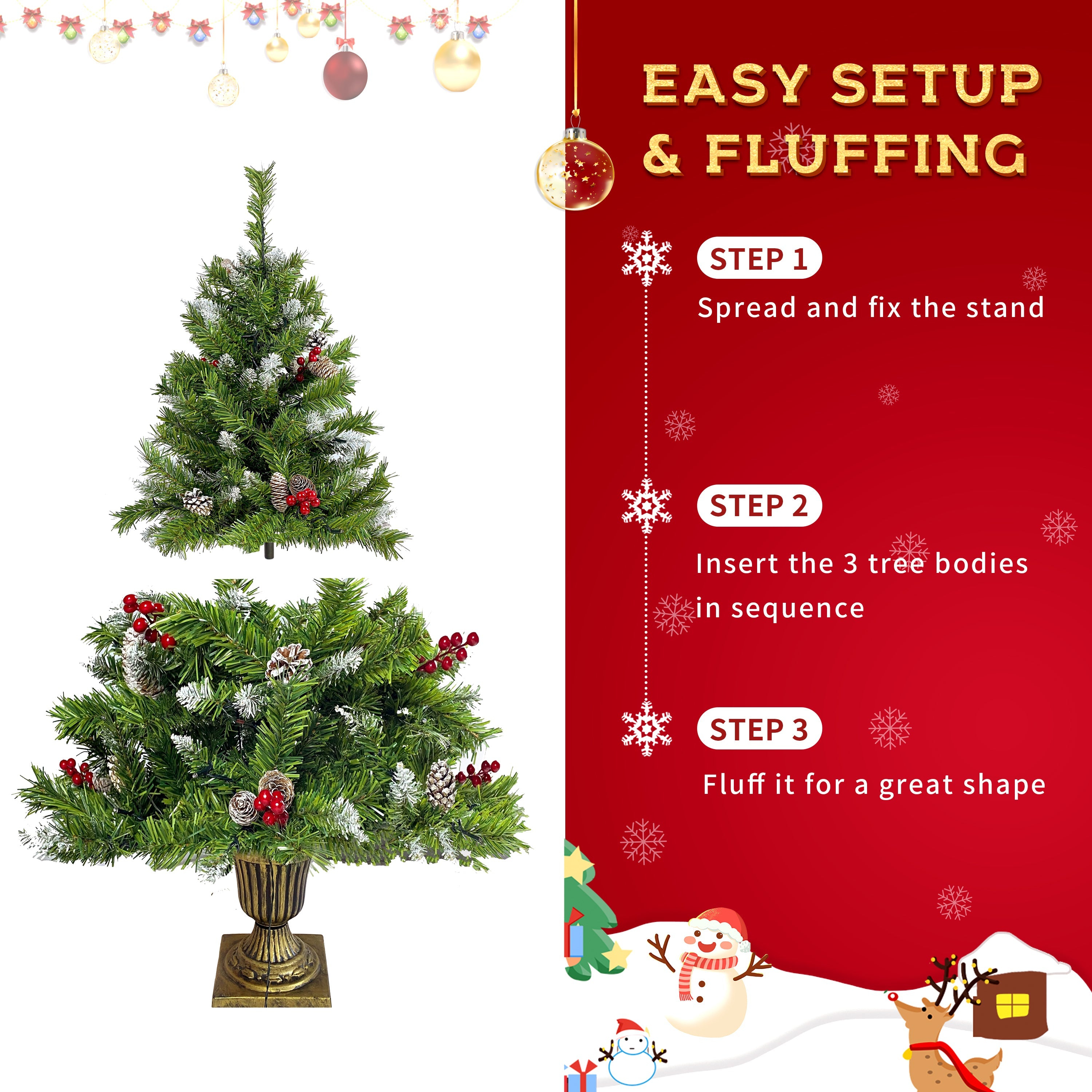 Pre-lit Christmas 4-Piece Set, Garland, Wreath and Set of 2 Entrance Trees X-mas with LED Lights