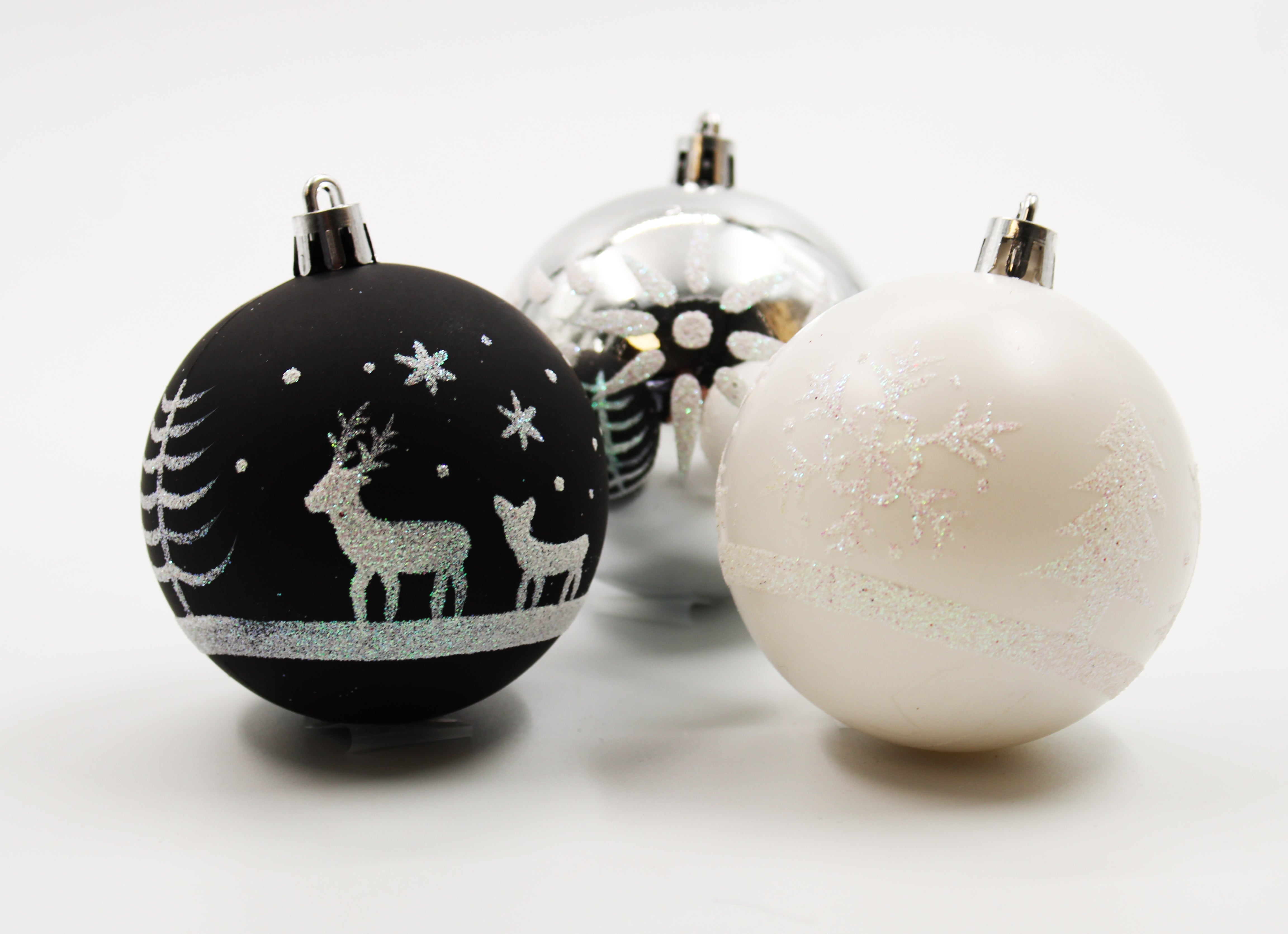 16 Pack Black, White and Silver Assorted Ball Ornaments