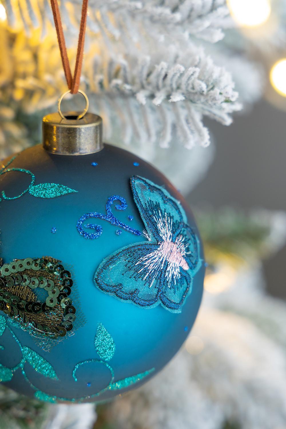 Blue with Gold Butterfly Christmas Ball Ornaments,  Set of 6