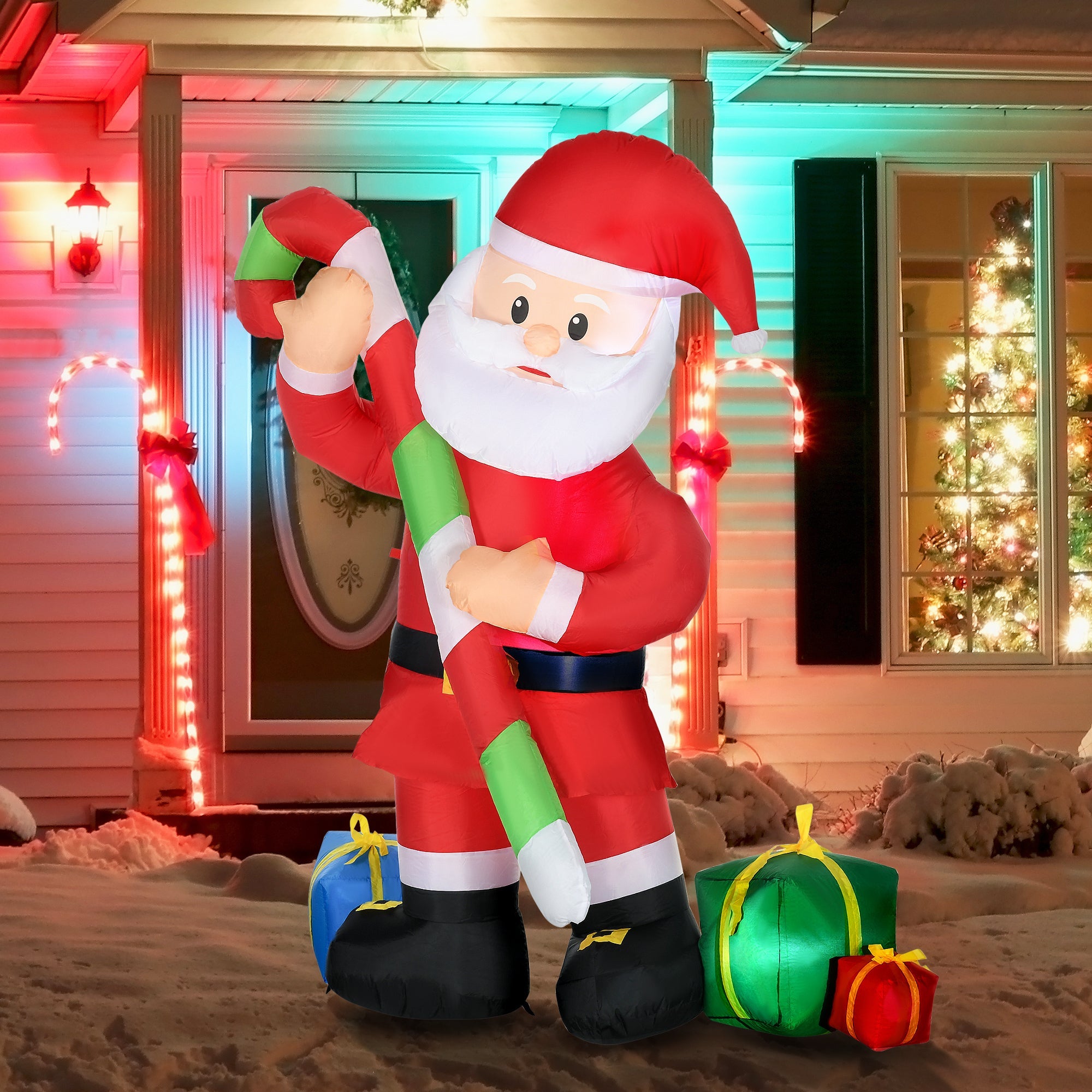 6ft   Santa Claus with Candy Cane, Blow-Up LED Yard Decor-Christmas Inflatables Outdoor