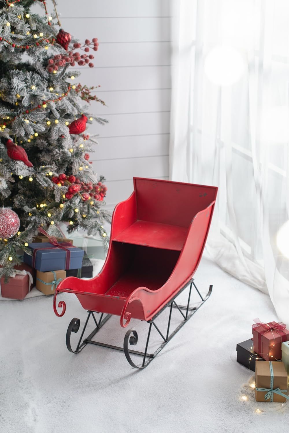 Iron Red/Black Sleigh Large, Distressed Christmas Santa Sleigh Holiday Decoration