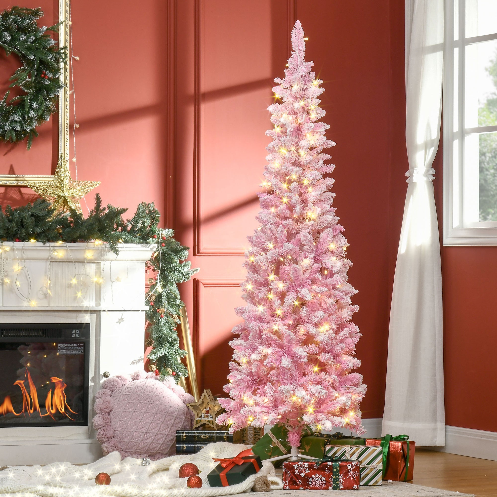 6ft Pre-lit Snow Flocked  Christmas Tree with Pencil Shape,  Pink and White